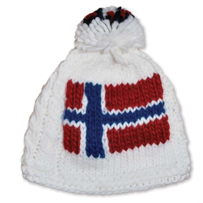 Grovstrikket lue, hvit, Norsk flagg - NorwegianStore24