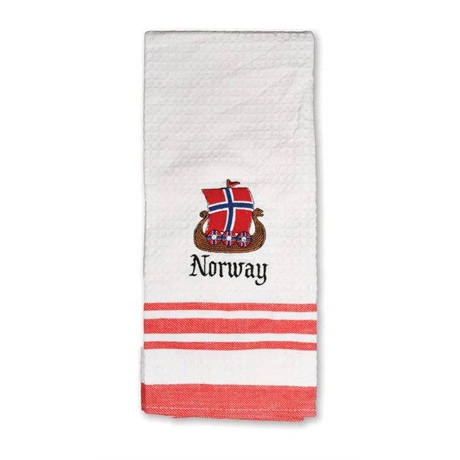Kjøkkenhåndkle, hvitt, brodert Vikingskip - NorwegianStore24