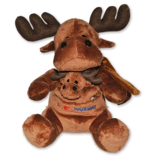 Plush moose with baby on belly